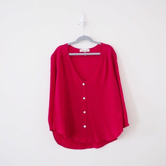 Amour Vert Silk Fuchsia V Neck Blouse - Picture 1 of 9